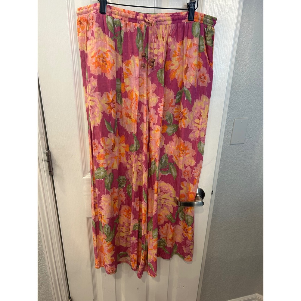 Rachel Roy Wide Leg Pants Pink Orange Floral Drawstring Rayon Trousers XL